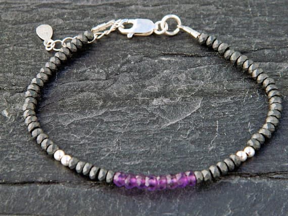 925 steling silver love beach youth 3-3.5 mm Adjustable Stracking Purple & Black Amethyst & Hematite Bracelet Rondelle, Faceted 7" for mens, womens, GF, BF, Adults.