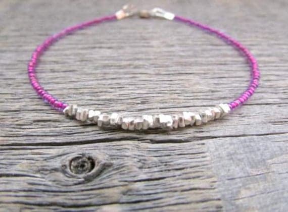 AAA++ Rare Quality Purple Bead Bracelet, Seed Bead Bracelet, Cat Donation Bracelet, Boho Stack Bracelet, Hill Tribe Silver Plated Bracelet , Cat Lover Gift, Teen Gift 2-1mm 7" Strand. Code- TJH379