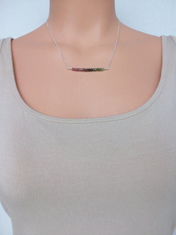 Tourmaline Sterling Silver Bar Necklace Sterling Silver Chain Bar Watermelon Tourmaline Gemstone Necklace 3-4mm Code- WAR9089