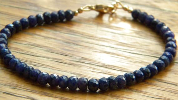 24k gold Plated Artisan Loose 4-5mm stacking Blue Sapphire Bracelet Rondelle, Faceted 7" for mens, womens, gf, bf & Adult.