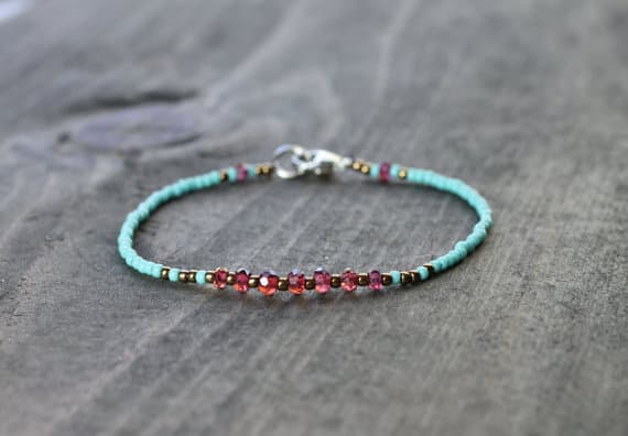 925 sterling silver memorial gift 3-4mm Multi Colour Garnet Bracelet, Turquoise & Antique stacking Bracelet Rondelle, Faceted,smooth 18cm for mens, womens, gf, bf and adults.
