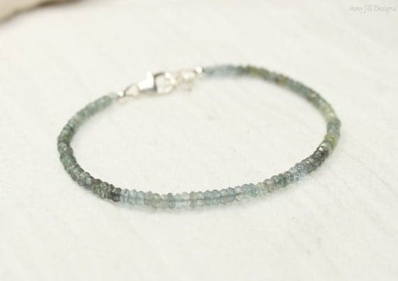 925 sterling Silver Natural 3mm stacking Aqua Moss Aquamarine Bracelet Rondelle, Faceted 7" for mens, womens, gf, bf & Adult.