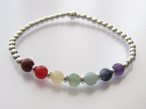 chakras simple Silver Helling 2.5-6mm Stretchable Multi Chakra Multi Gemstone Bracelet Round, Smooth 7" for mens, womens, gf, bf & Adult.