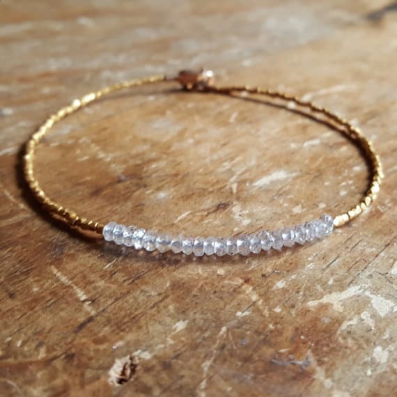 24k gold Handmade Beaded 2mm White Morganite stacking Bracelet Rondelle, Faceted 18cm for mens, womens, gf, bf and adults.