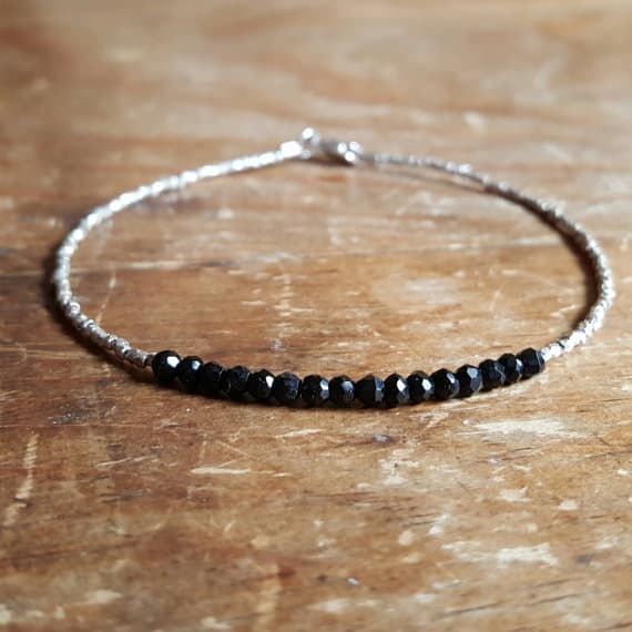 925 sterling silver Unique Wedding Gift 2mm black Black Tourmaline  stacking Bracelet Rondelle, Faceted 18cm for mens, womens, gf, bf and adults.