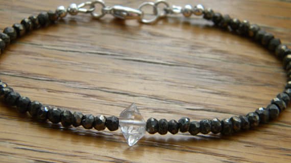 925 sterling Silver Bridesmaid Jewelry 3.5mm stacking Black & White Pyrite & Herkimer Diamond Quartz  Bracelet Rondelle, Faceted 7" for mens, womens, gf, bf & Adult.