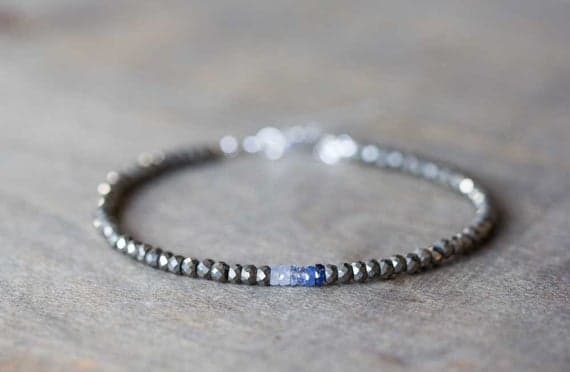 925 sterling silver Personalized Gift 3-3.5mm Multi Colour Pyrite & Blue Sapphire stacking Bracelet Rondelle, Faceted 18cm for mens, womens, gf, bf and adults.