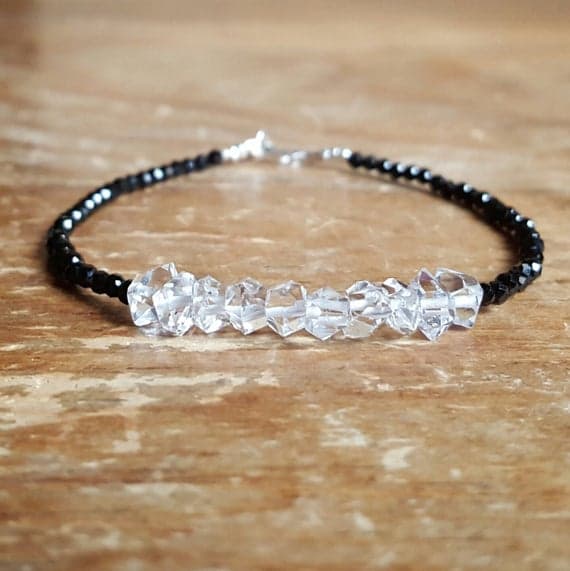 925 sterling silver Artisan Loose 5mm Multi Colour Herkimer Diamond & Black Spinel stacking Bracelet Rondelle, Faceted 18cm for mens, womens, gf, bf and adults.