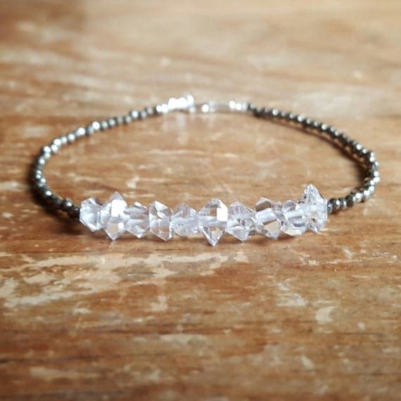 925 sterling silver memorial gift 5mm White Herkimer Diamond  stacking Bracelet Rondelle, Faceted 18cm for mens, womens, gf, bf and adults.