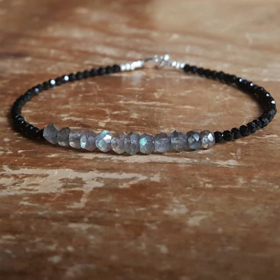 925 sterling silver Bridesmaid Jewelry 4mm Multi Colour Labradorite & Black Spinel stacking Bracelet Rondelle, Faceted 18cm for mens, womens, gf, bf and adults.