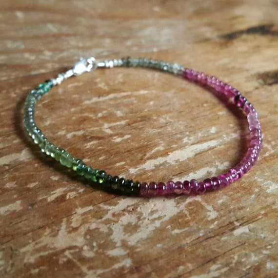 925 sterling silver Personalized Gift 3mm Multi Colour Watermelon Tourmaline stacking Bracelet Rondelle, Smooth 18cm for mens, womens, gf, bf and adults.
