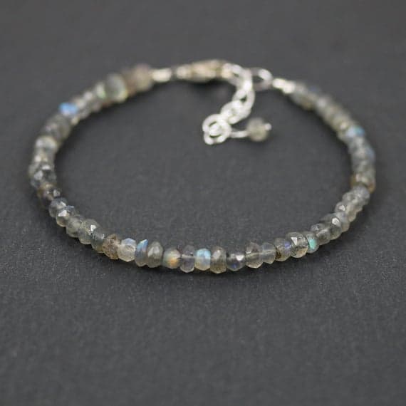 925 sterling Silver Natural 4mm stacking Gray Labradorite Bracelet Rondelle, Faceted 7" for mens, womens, gf, bf & Adult.