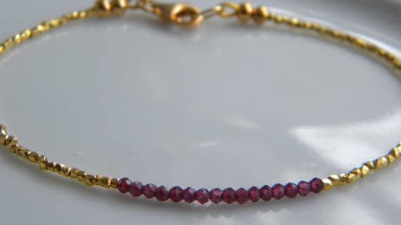 24k gold Plated Dainty Slave Loose Gold Helling  2mm stacking Red Red Garnet Bracelet Rondelle, Faceted 7" for mens, womens, gf, bf & Adult.
