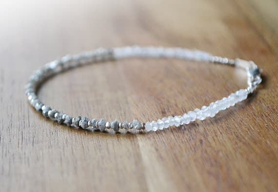 925 steling silver memorial gift 1.5-2 mm Stracking white Dimond & Moonstone Bracelet Rondelle, Faceted 7" for mens, womens, GF, BF, Adults.