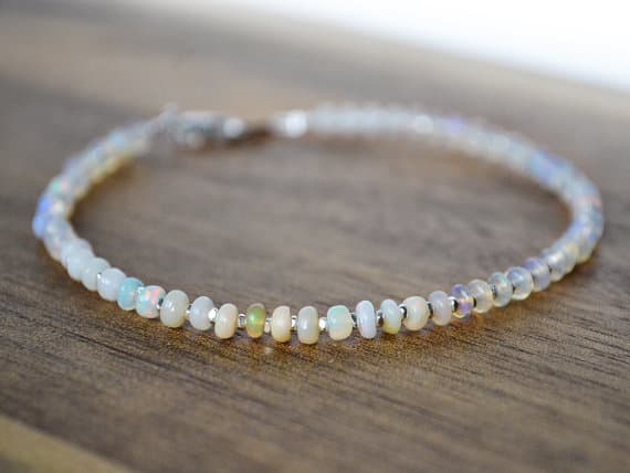 925 steling silver Bridesmaid Jewelry, silver helling 3 mm Stracking white Ethiopian Opal Bracelet Rondelle, Smooth 7" for mens, womens, GF, BF, Adults.