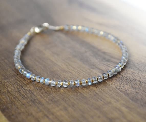 925 steling silver GRounding, gold helling 3-3.5 mm Stracking grey Labradorite Bracelet Rondelle, Smooth 7" for mens, womens, GF, BF, Adults.
