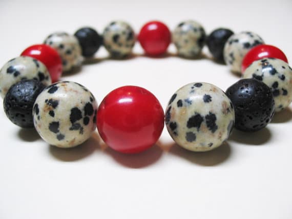 GRounding 12mm Stretchable Multi Red Coral & Lava & Dalmatian Jasper Bracelet Round, Smooth 7.5" for mens, womens, GF, BF, Adults.