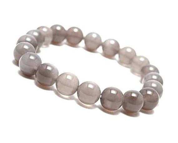 Positive Energy 10mm Gray Grey Agate Stretchable Bracelet Round, Smooth 18cm for mens, womens, gf, bf and adults.