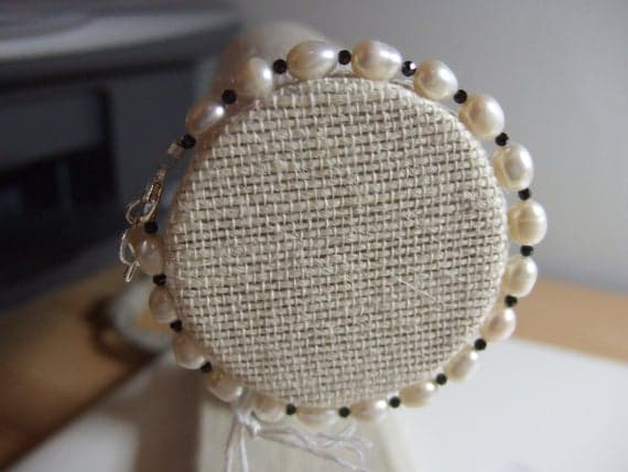 Black Spinel and White Natural Freshwater Cultured Potato Pearl 6.75" Bracelet with Sterling Silver Lobster Claw Clasp 4-6mm Code- WAR6165