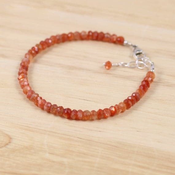 925 sterling Silver Natural 4mm stacking Orange Sunstone Bracelet Rondelle, Faceted 7" for mens, womens, gf, bf & Adult.