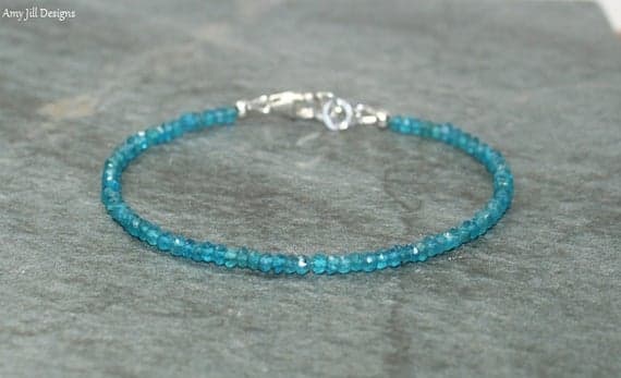 925 sterling Silver Artisan Loose 3mm stacking Blue Neon Apatite  Bracelet Rondelle, Faceted 7" for mens, womens, gf, bf & Adult.