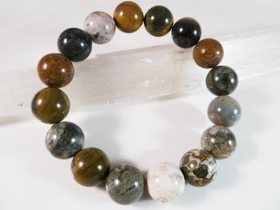 Grounding 12mm Stretchable Multi Ocean Jasper  Bracelet Round, Smooth 7.5" for mens, womens, gf, bf & Adult.