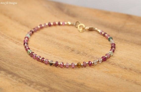24k gold Plated Super sale Gold Helling 3-3.5mm stacking Multi Watermelon Tourmaline  Bracelet Rondelle, Faceted 7" for mens, womens, gf, bf & Adult.