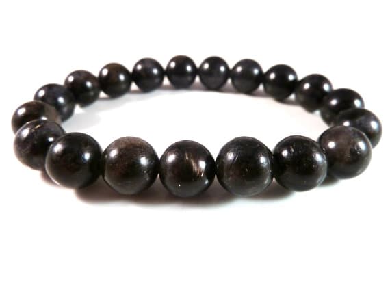 Artisan Loose 10mm Stretchable Black Arfvedsonite Bracelet Round, Smooth 7.5" for mens, womens, gf, bf & Adult.