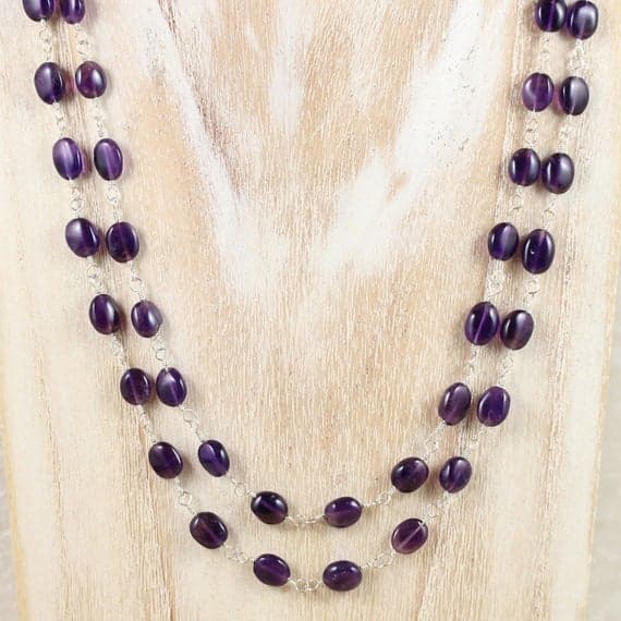 925 sterling Silver Handmade Beaded 6x7-7x9mm stacking Purple Amethyst Necklace Oval, Smooth 16" for mens, womens, gf, bf & Adult.