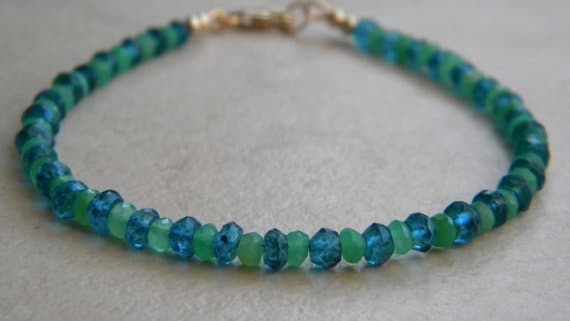 24k gold Plated Natural 3mm stacking Blue & Green Apatite Chrysoprase Bracelet Rondelle, Faceted 7" for mens, womens, gf, bf & Adult.