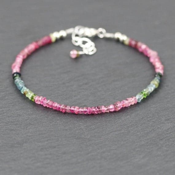 925 sterling Silver Jewelry Energy 3.5-4mm stacking Multi Watermelon Tourmaline Bracelet Rondelle, Faceted 7" for mens, womens, gf, bf & Adult.