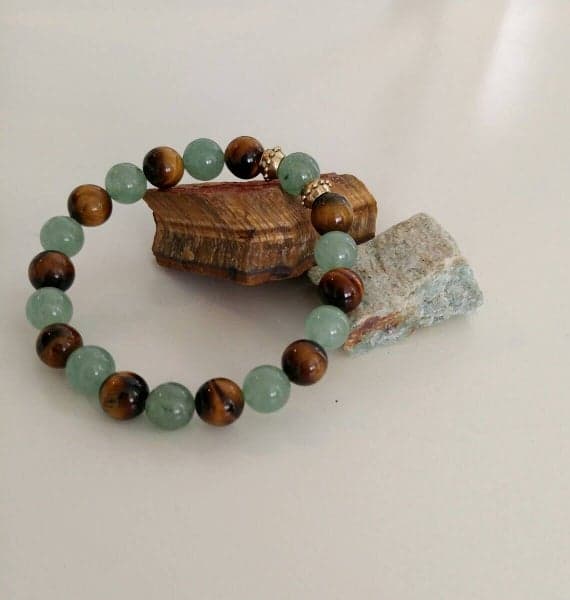 Positive Energy Gold helling 8mm Stretchable Multi Green Aventurine & Raw Tigers Eye  Bracelet Round, Smooth 7" for mens, womens.