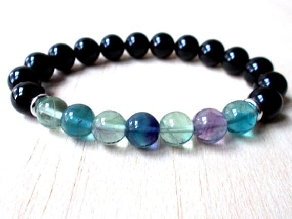Black Tourmaline Bracelet, EMF Protection Bracelet, GRounding Chakra Healing Bracelet, Rainbow Fluorite 3-4mm Code- WAR6851