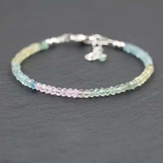 925 sterling Silver top quality 3.5mm stacking Multi Ombre Aquamarine, Morganite  Bracelet Rondelle, Faceted 7" for mens, womens, gf, bf & Adult.
