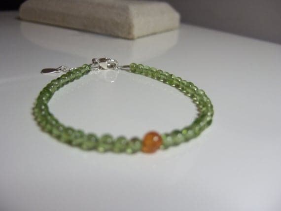 Natural Peridot, August and Libra Birthstone, & Mandarin Garnet Bead Bracelet 3-6mm Code- WAR6144