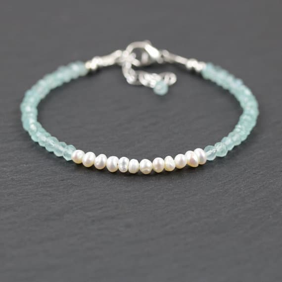 925 sterling Silver Grounding 3.5mm stacking Aqua  Aqua Chalcedony & Freshwater Pearl Bracelet Rondelle, Faceted & Smooth 7" for mens, womens, gf, bf & Adult.