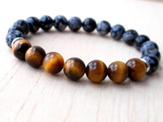 Mens Buddhist Protection Bracelet, Mens Strength Bracelet, Healing Jewelry, Prayer Beads, Mala Bracelet - Snowflake Obsidian, Tigers Eye 5mm Code- WAR6850