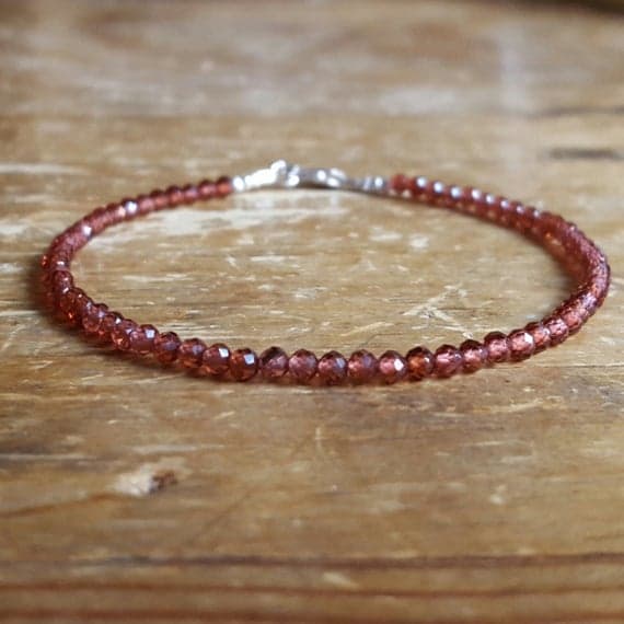 925 sterling silver Unique Wedding Gift 2mm Red Genuine Garnet stacking Bracelet Round, Faceted 18cm for mens, womens, gf, bf and adults.
