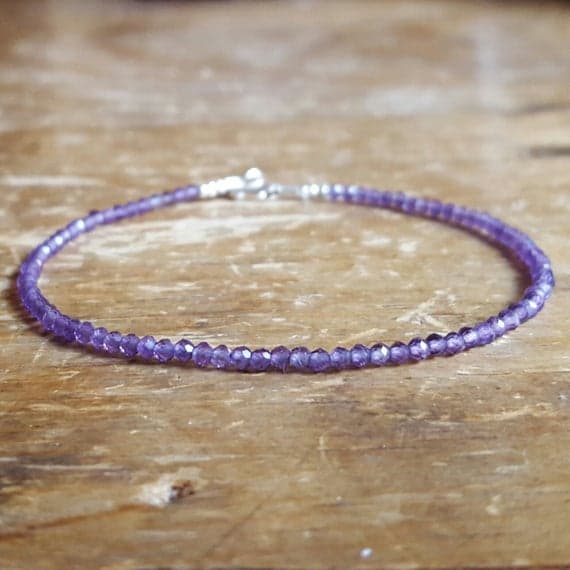 925 sterling silver good luck gift 2mm Purple Amethyst stacking Bracelet Rondelle, Faceted 18cm for mens, womens, gf, bf and adults.