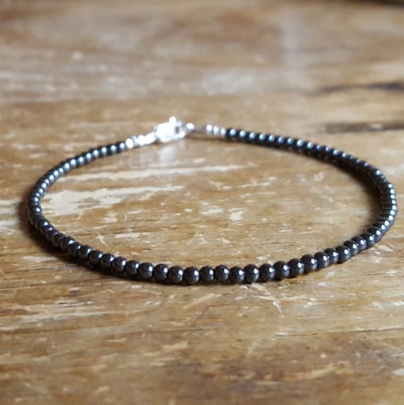 925 sterling silver Bridesmaid Jewelry 2mm black Hematite stacking Bracelet Round, Smooth 18cm for mens, womens, gf, bf and adults.