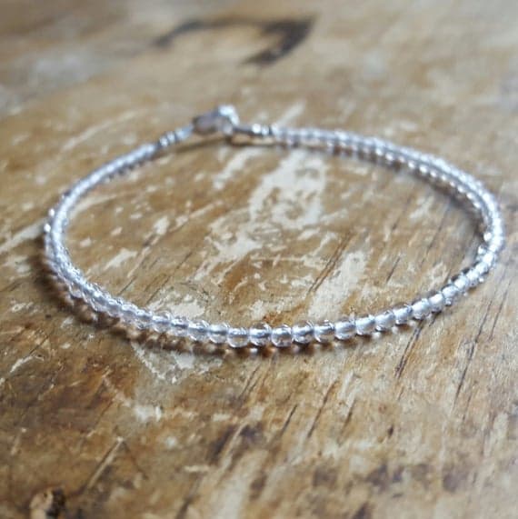 925 sterling silver Empath Protection 2mm White Quartz stacking Bracelet Round, Faceted 18cm for mens, womens, gf, bf and adults.