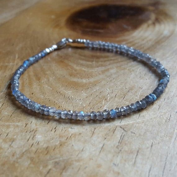 925 sterling silver Blush Jewelry 2mm Gray Labradorite stacking Bracelet Rondelle, Faceted 18cm for mens, womens, gf, bf and adults.