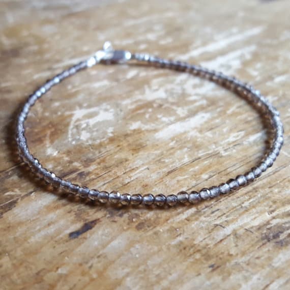 925 sterling silver love beach youth 2mm Brown Smoky Quartz stacking Bracelet Round, Faceted 18cm for mens, womens, gf, bf and adults.
