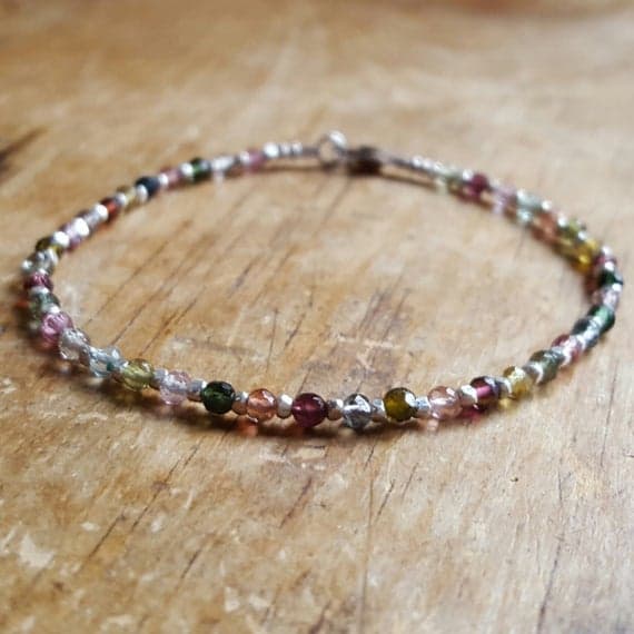 925 sterling silver Grounding 3mm Multi Colour  Tourmaline stacking Bracelet Round, faceted 18cm for mens, womens, gf, bf and adults.