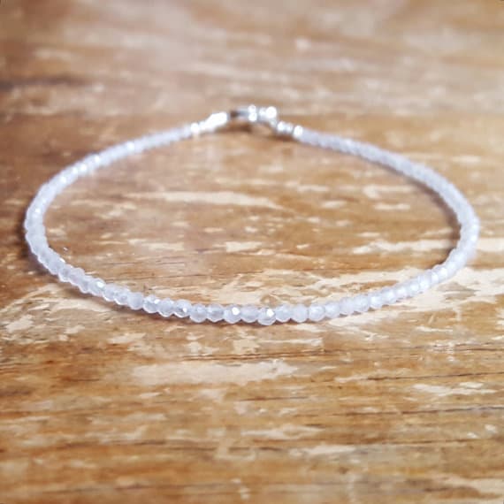 925 sterling silver Empath Protection 2mm White Rose Quartz stacking Bracelet Round, Faceted 18cm for mens, womens, gf, bf and adults.