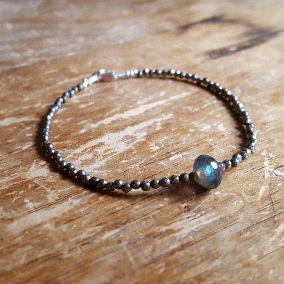 925 sterling silver Blush Jewelry 8mm Gray Labradorite & Pyrite stacking Bracelet Round, faceted 18cm for mens, womens, gf, bf and adults.