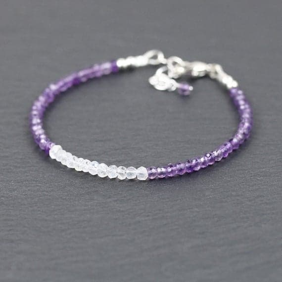 925 sterling Silver Artisan Loose 3.5mm stacking Purple Rainbow Moonstone & Amethyst  Bracelet Rondelle, Faceted 7" for mens, womens, gf, bf & Adult.