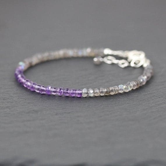 925 sterling Silver memorial gift 3.5mm stacking Multi Amethyst & Labradorite Bracelet Rondelle, Faceted 7" for mens, womens, gf, bf & Adult.