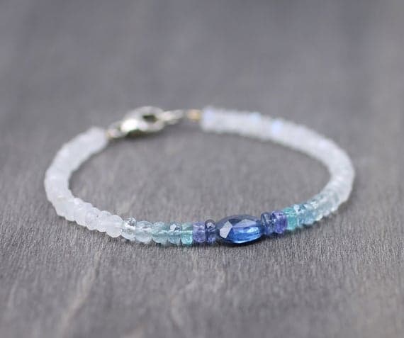 925 sterling silver Handmade Beaded 7-8mm Multi Colour Kyanite & Moonstone  stacking Bracelet Rondelle,oval, Faceted 18cm for mens, womens, gf, bf and adults.