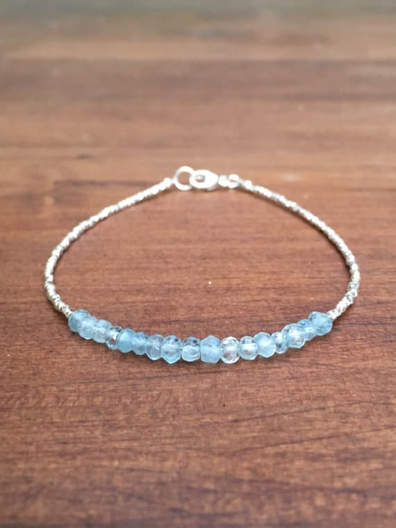 AAA++ Rare Quality Aqua Blue Aquamarine and Karen Hill Tribe Silver Plated Bracelet , Beaded bracelet, Gemstone bracelet, March Birthstone bracelet 2.5 mm Code- TJH30